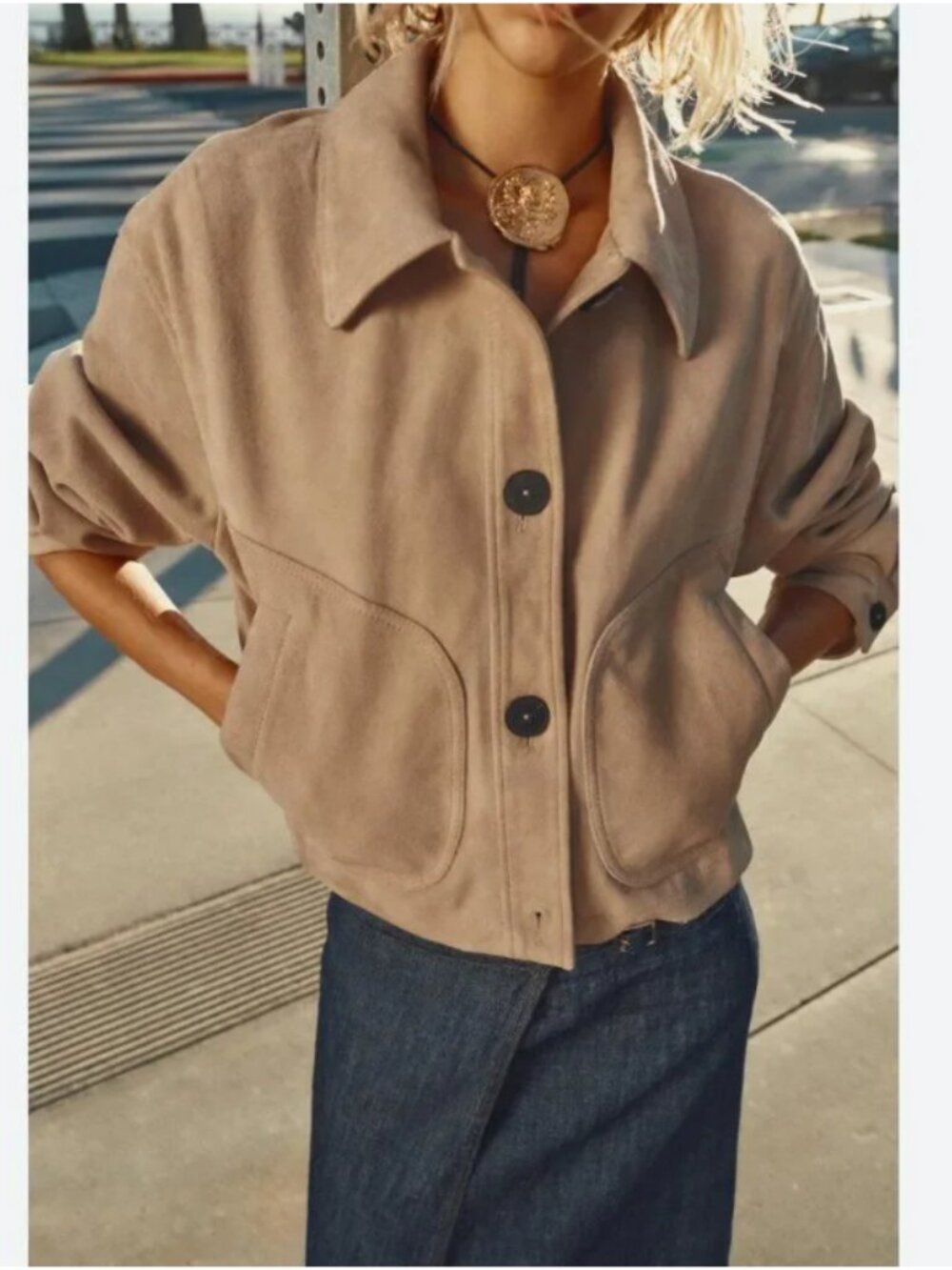 Zara Beige Cropped Button-Front Leather Jacket Size XS